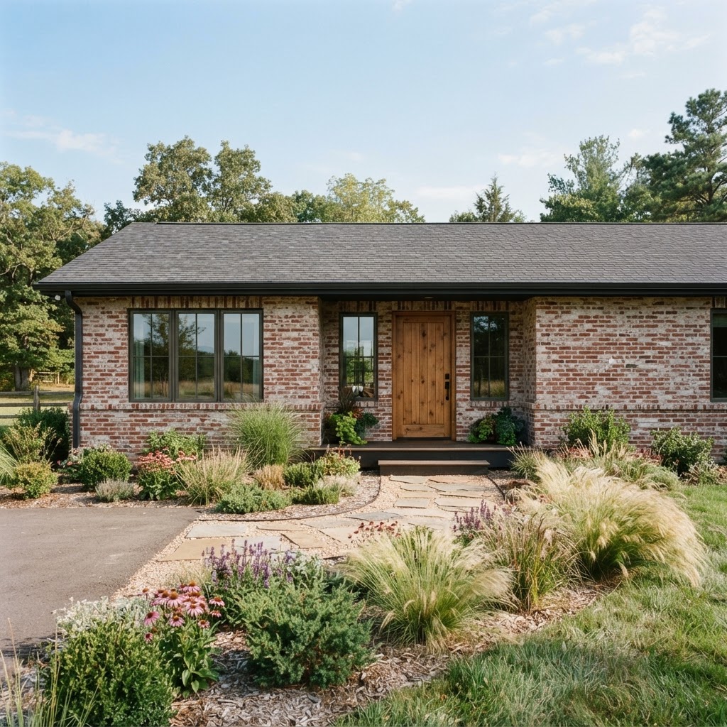 Single-storey brick ranch house with a light, patchy mortar wash over the brick, a natural wood front door and ornamental grasses