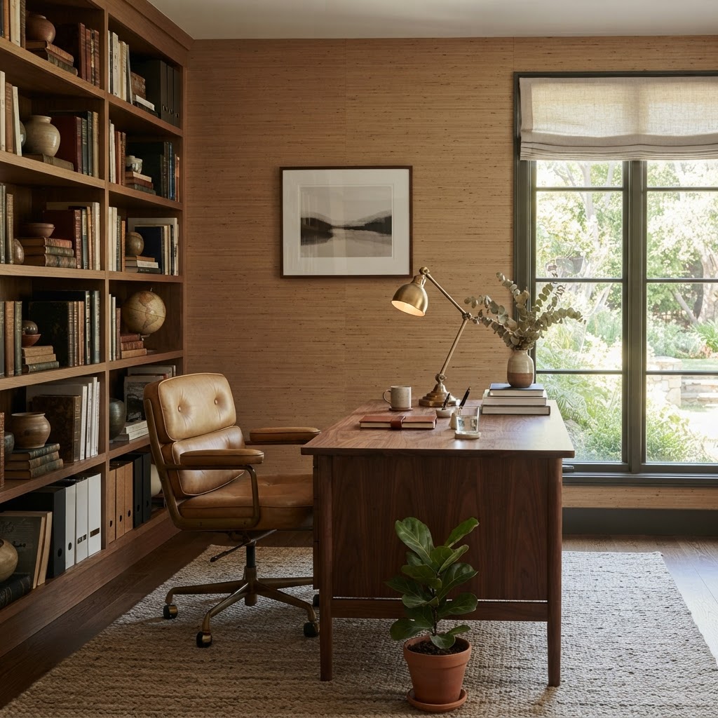 Home office with a natural grasscloth wallpaper, a wooden desk, a leather chair, bookshelves and a brass desk lamp