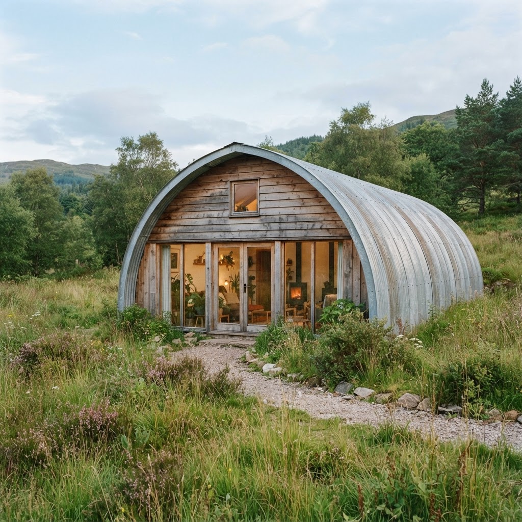 Arched corrugated metal Quonset hut converted into a home with a timber front wall