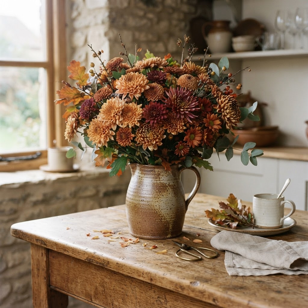 Cut chrysanthemums in apricot, bronze and burgundy in a stoneware jug on a wooden kitchen table