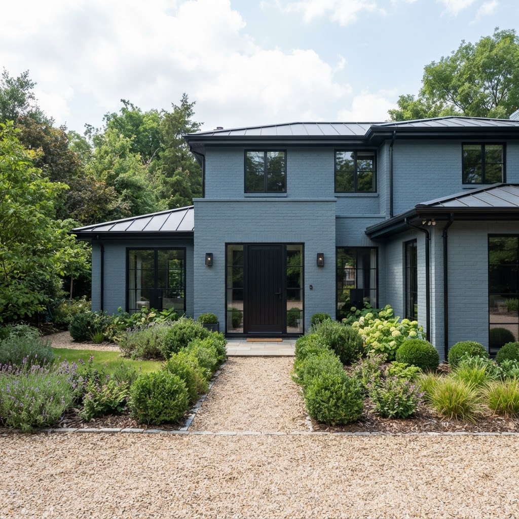 Blue-gray painted house with black steel-framed windows, a black front door, a black metal roof and a gravel path through a neat front garden of clipped shrubs