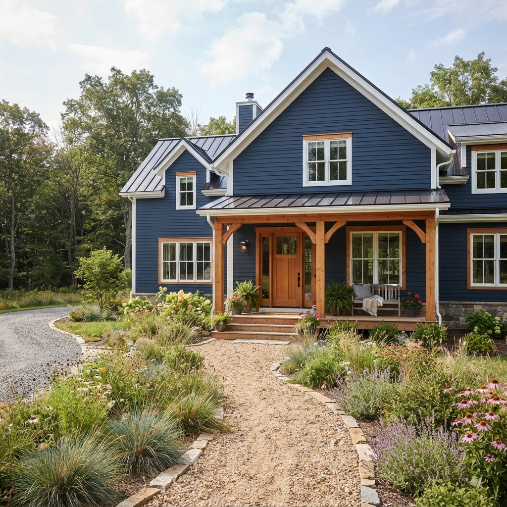 Navy blue farmhouse with white window frames, a black metal roof and a natural cedar porch with timber posts, beams and a cedar front door, approached by a gravel path through grasses