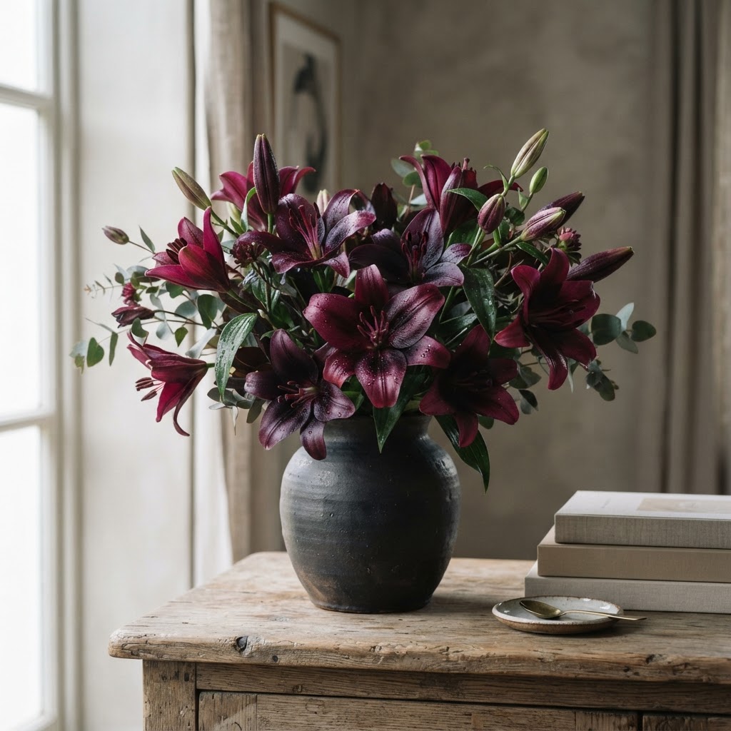 Deep purple and burgundy lilies in a modern arrangement in a dark ceramic vase