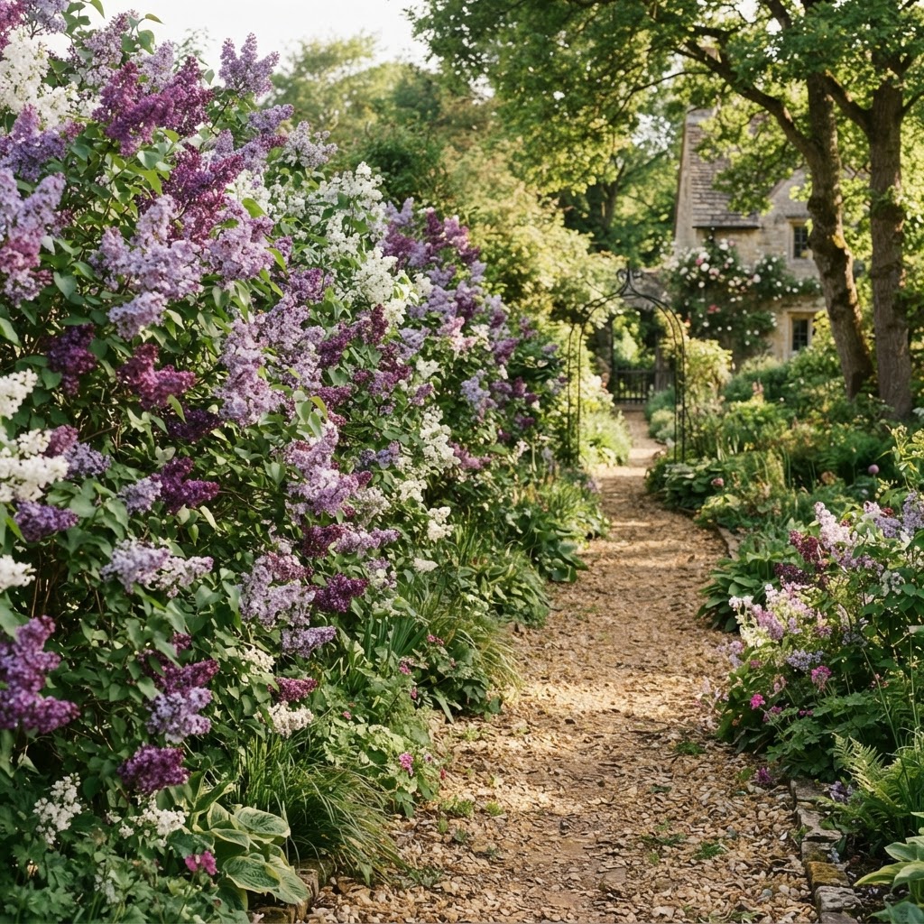 Informal lilac hedge in purple and white bloom along a gravel garden path
