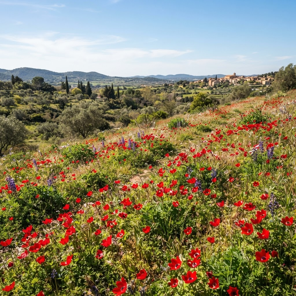 Red anemones flowering in a sunny Mediterranean meadow in spring