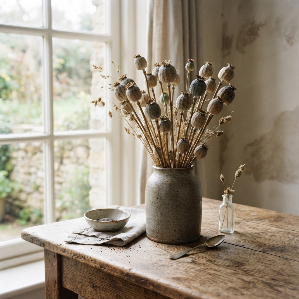 Dried poppy seed heads in a stoneware vase on a wooden table