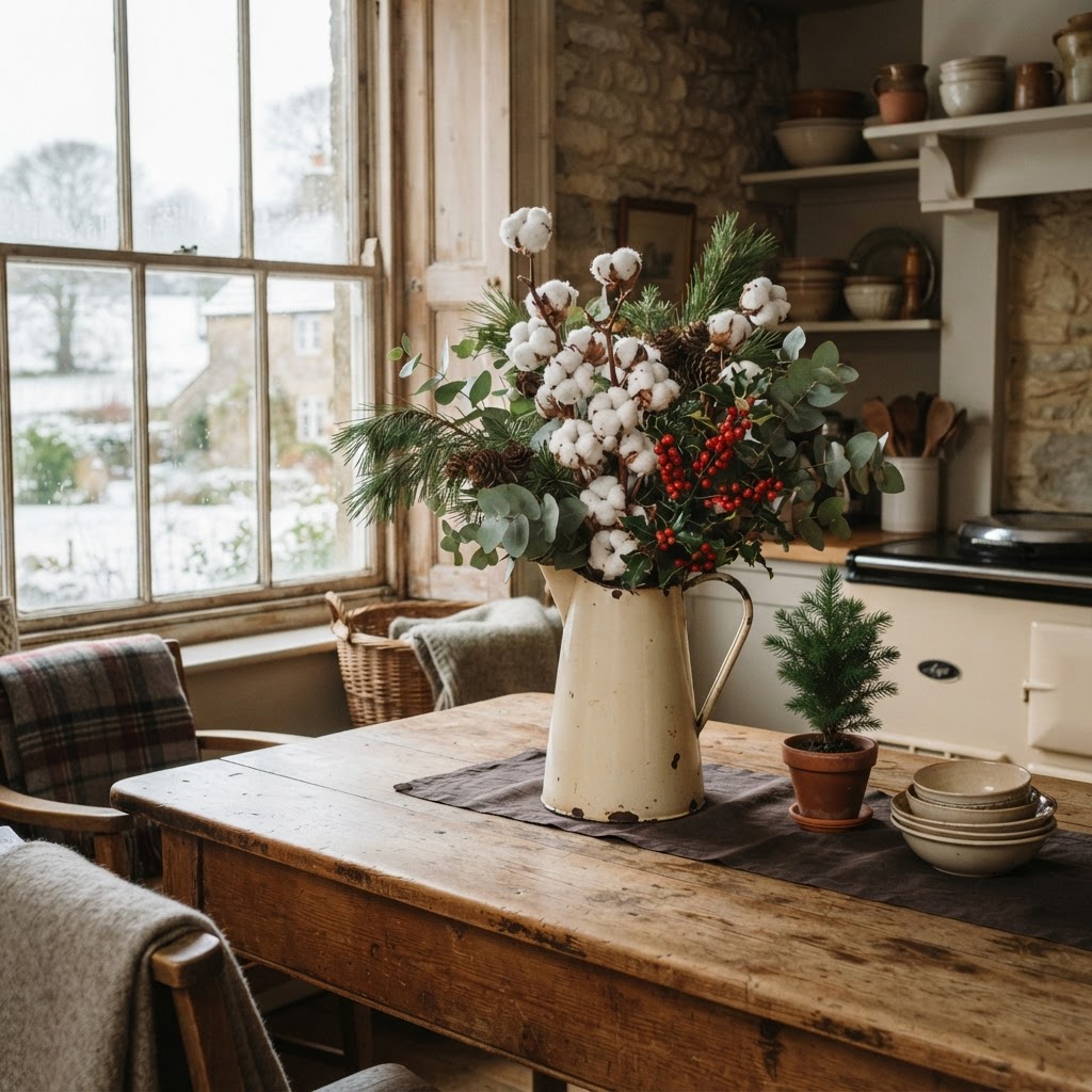 Rustic Christmas arrangement in an old enamel jug with cotton stems, pine, eucalyptus and red berries on a farmhouse kitchen table