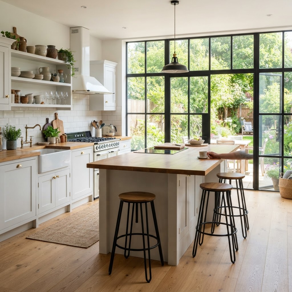 Bright kitchen with a wall of black steel windows and a glazed garden door, white cabinets, open shelves, an island with a wooden top and three stools
