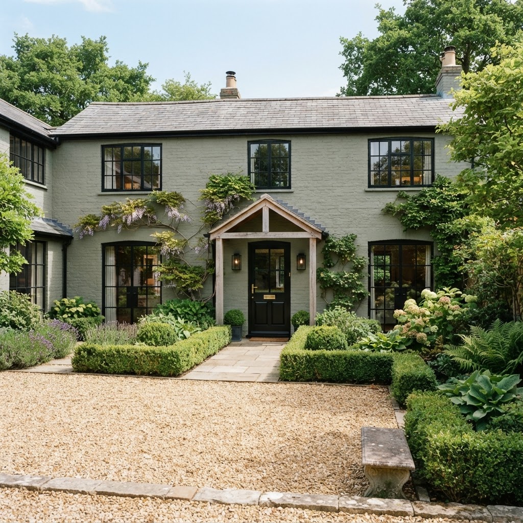 Painted brick house in muted green-gray with black steel-framed windows, a black front door, black wall lanterns, a small timber porch and a gravel courtyard with clipped hedges