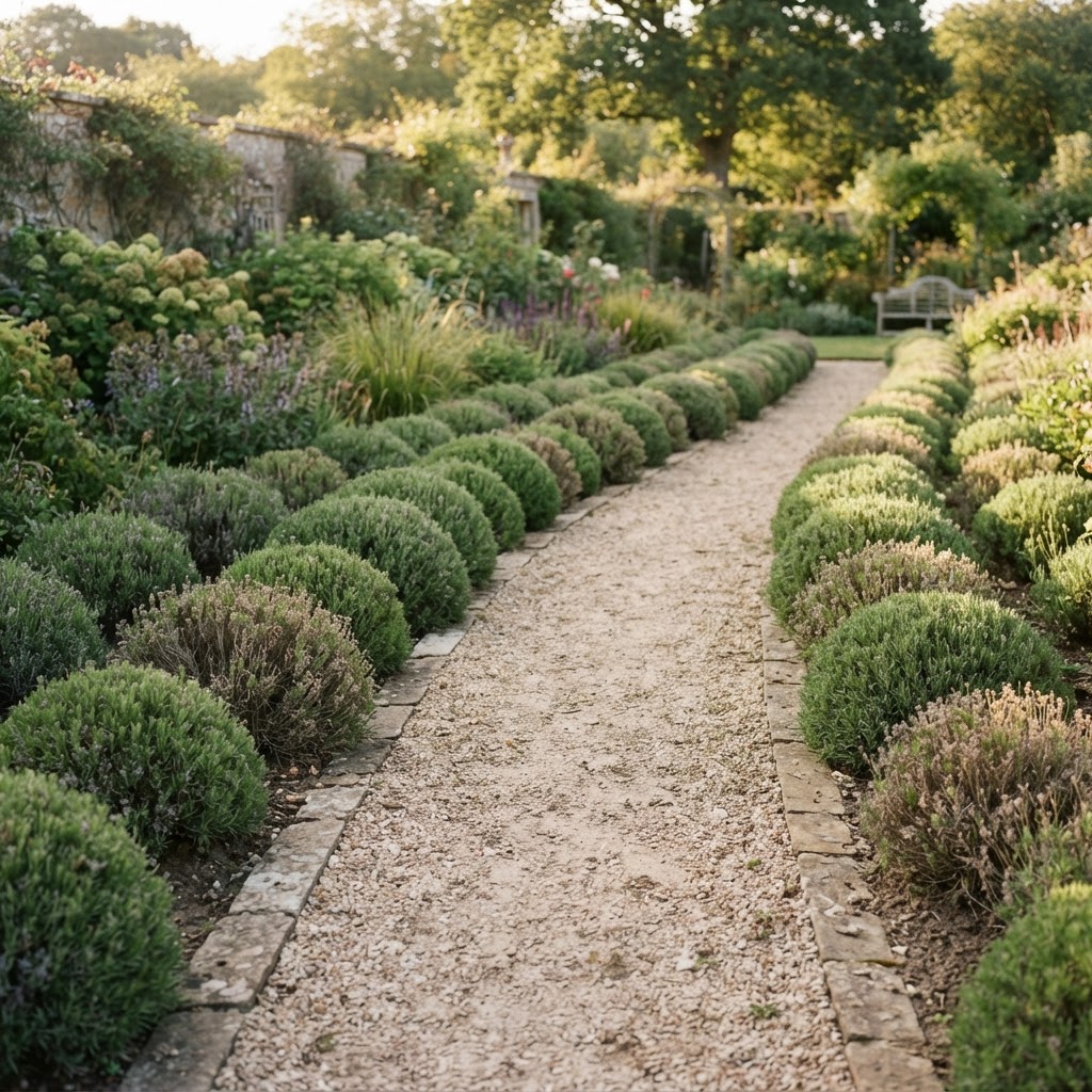 Neatly clipped lavender domes along a gravel path after late summer pruning