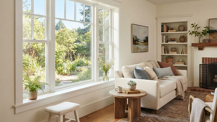 Bright living room with a large window framed by wide white Craftsman-style trim