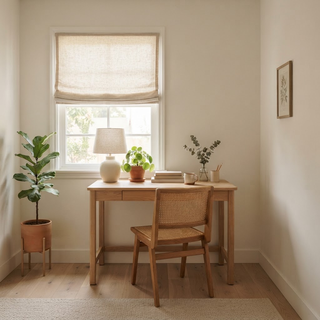 Small home office with soft white walls, a white oak desk, a cane chair, a linen roman blind, a ceramic lamp and plants