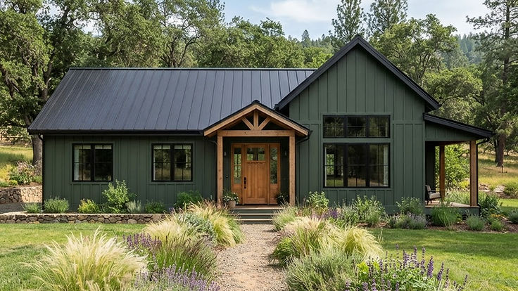 Modern farmhouse painted deep forest green with board and batten siding, black window frames, black gutters and a black standing seam metal roof, a wooden front door and ornamental grasses along a gravel path