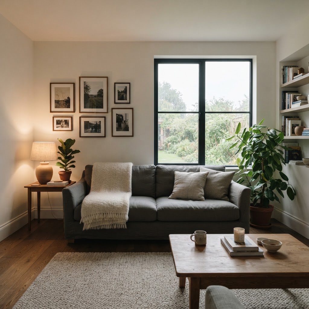 North-facing living room on an overcast day with soft warm white walls, table lamps switched on, a gray linen sofa, a wool throw and framed prints
