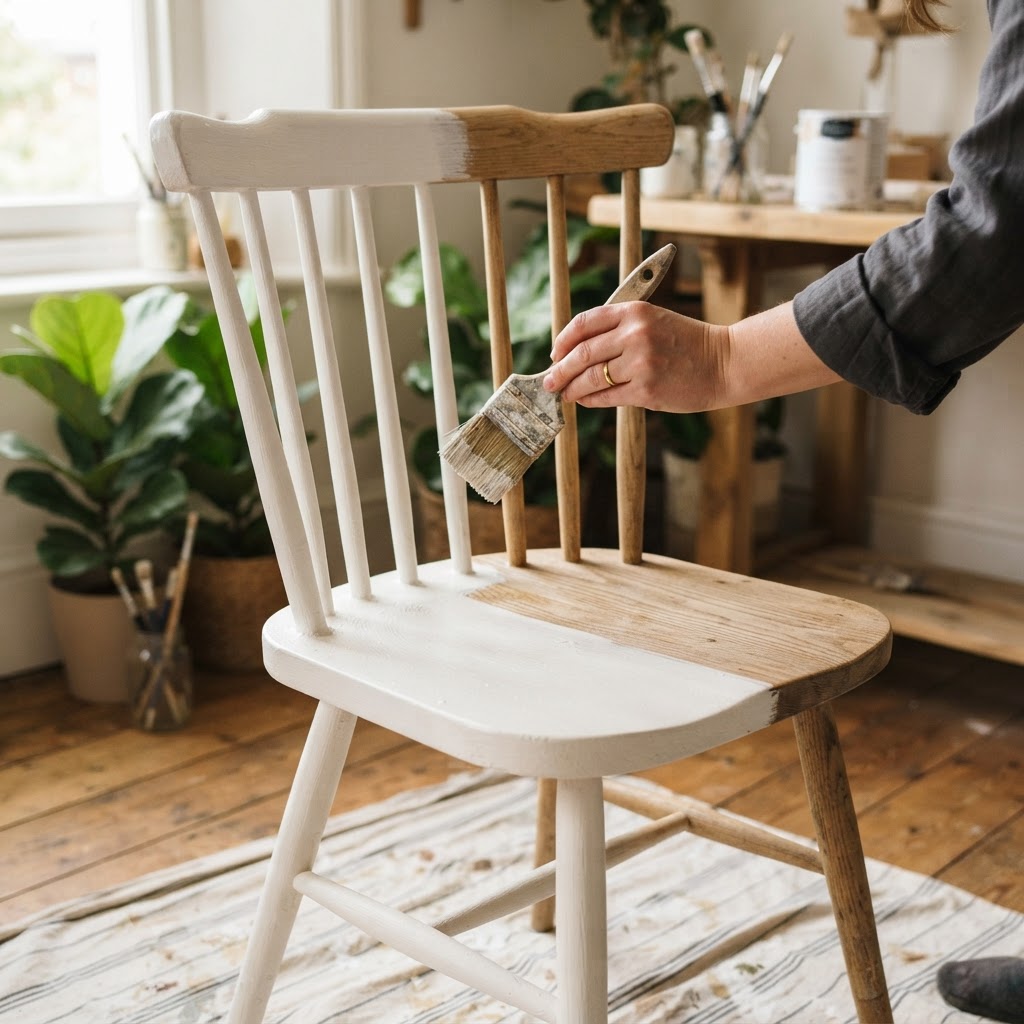 Hand painting a wooden spindle chair in warm white chalk paint with a round brush
