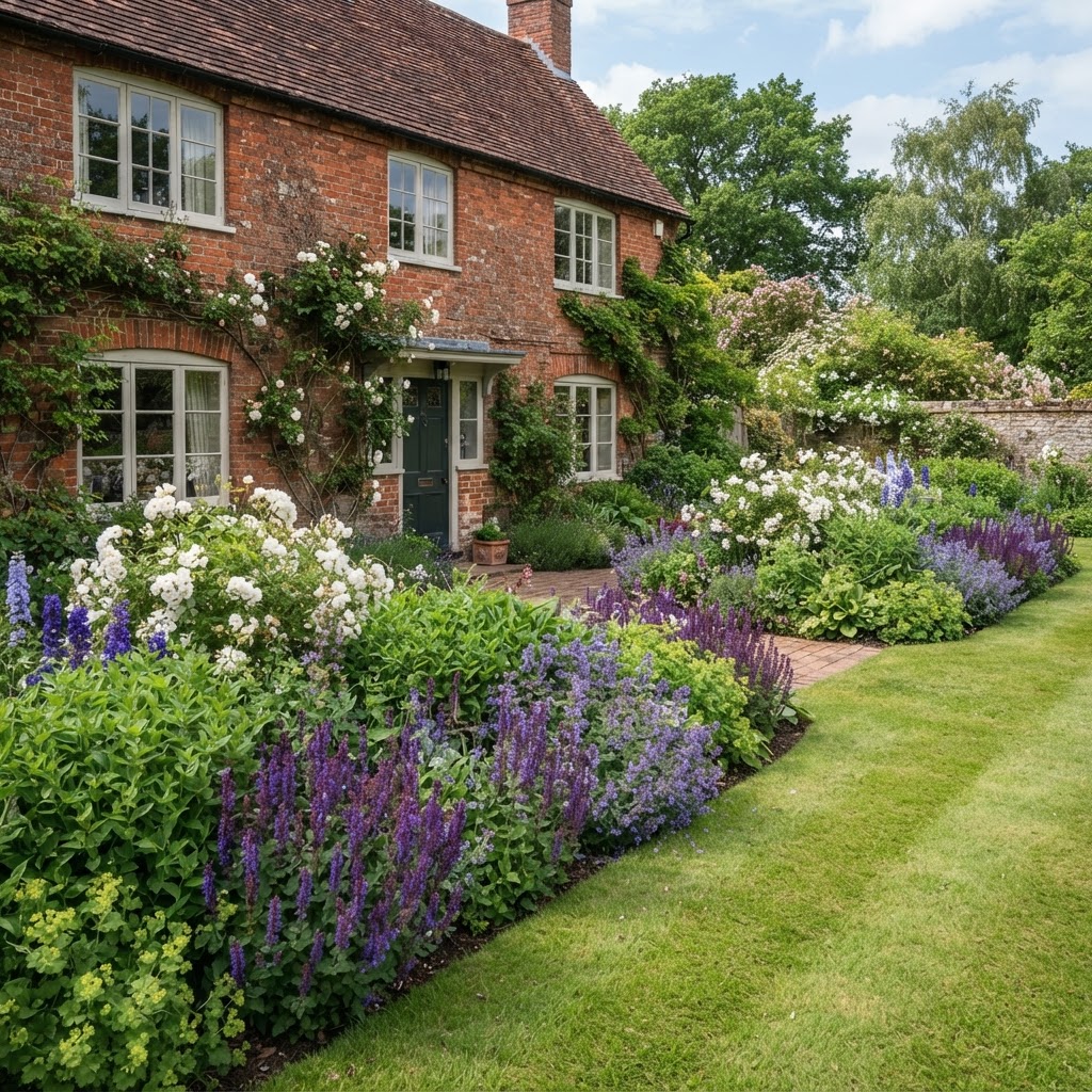 Red brick house with a front border of purple salvia, blue catmint and white shrub roses along a striped lawn