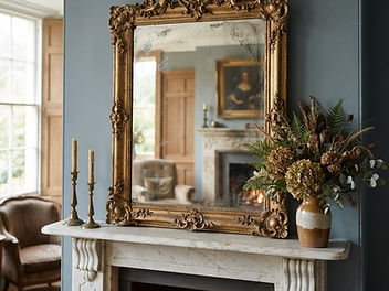 Large antique-effect mirror with mottled, foxed silvering in an ornate gilt frame on a marble mantelpiece with candlesticks and dried flowers
