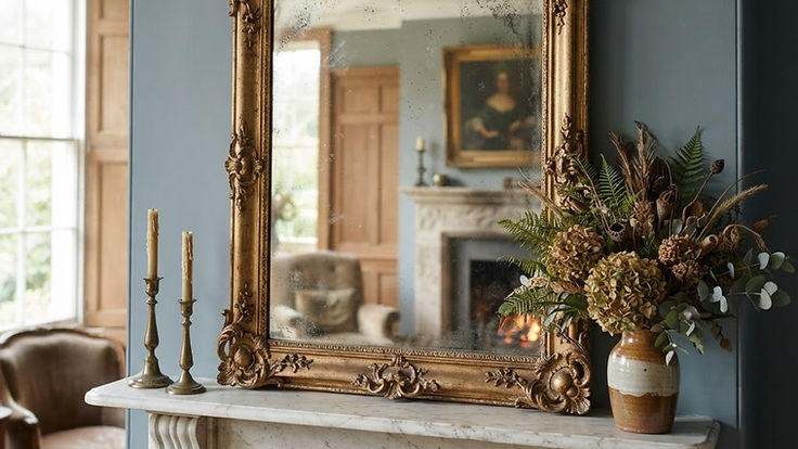Large antique-effect mirror with mottled, foxed silvering in an ornate gilt frame on a marble mantelpiece with candlesticks and dried flowers