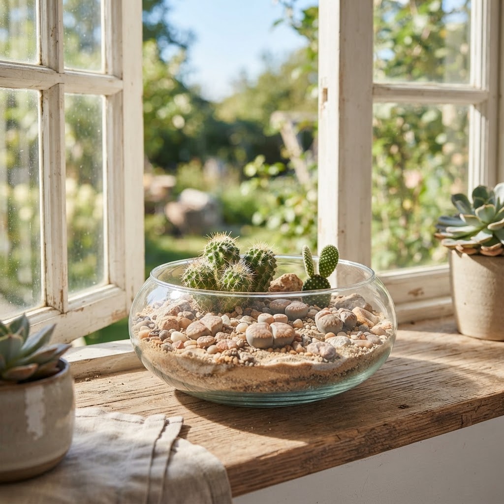 Shallow open glass bowl terrarium with small cacti and lithops in sand and pebbles on a sunny windowsill