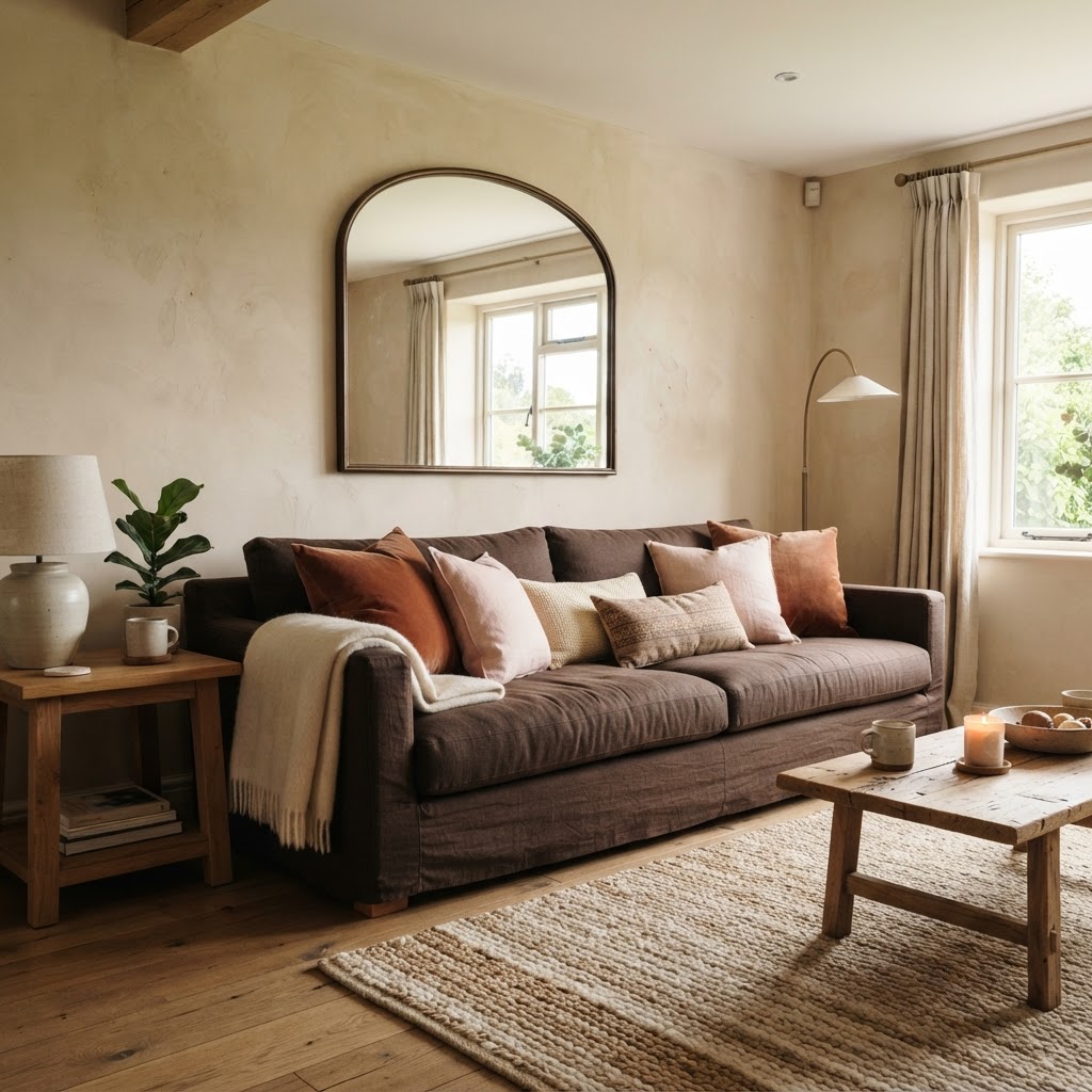 Living room with a chocolate brown sofa, terracotta, rust and blush pink cushions, warm plaster walls, an arched mirror and a jute rug