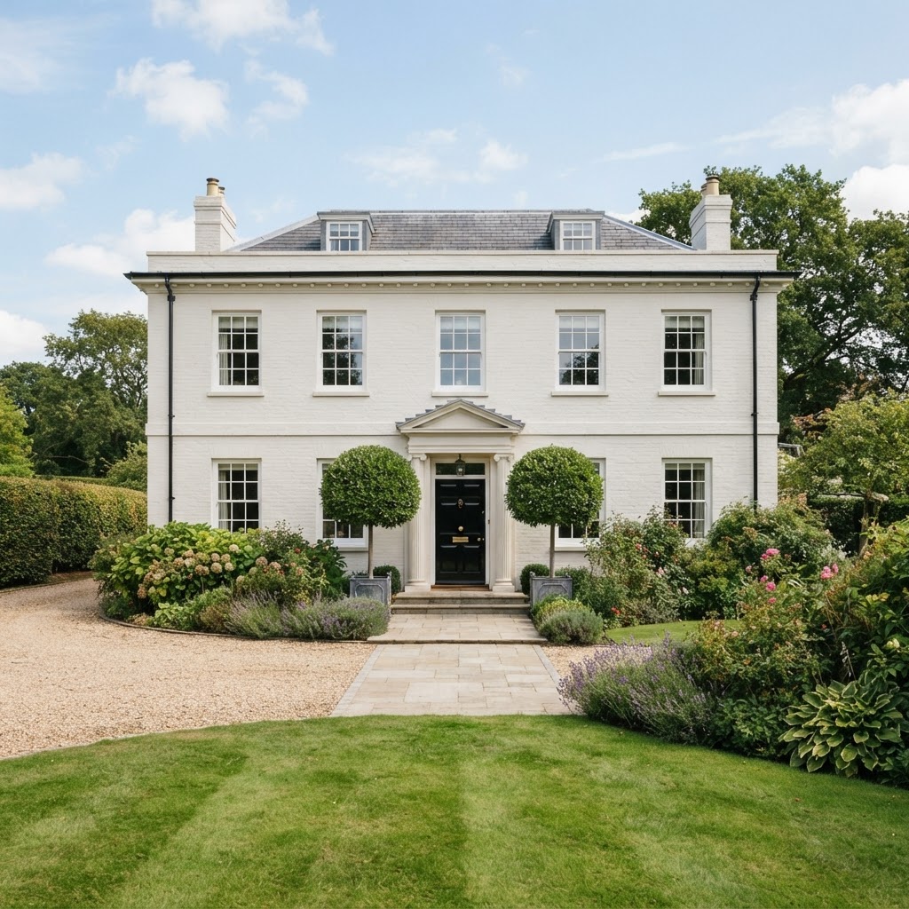 Symmetrical Georgian-style house painted white with sash windows, a glossy black front door, clipped bay trees and a gravel drive
