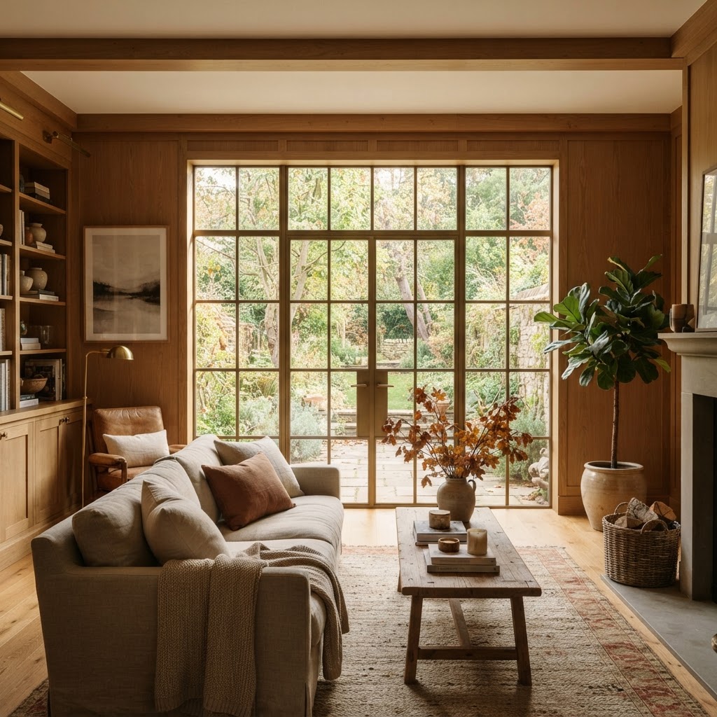 Warm bronze-framed grid windows in a living room with wood panelling