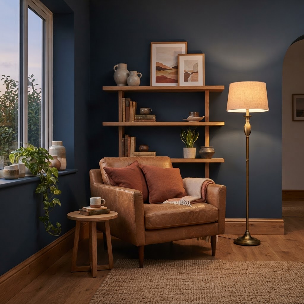 Living room painted in a deep muted navy similar to Dulux Ink Well, with a caramel leather armchair, rust cushions, brass lamp, oak shelving and warm evening light
