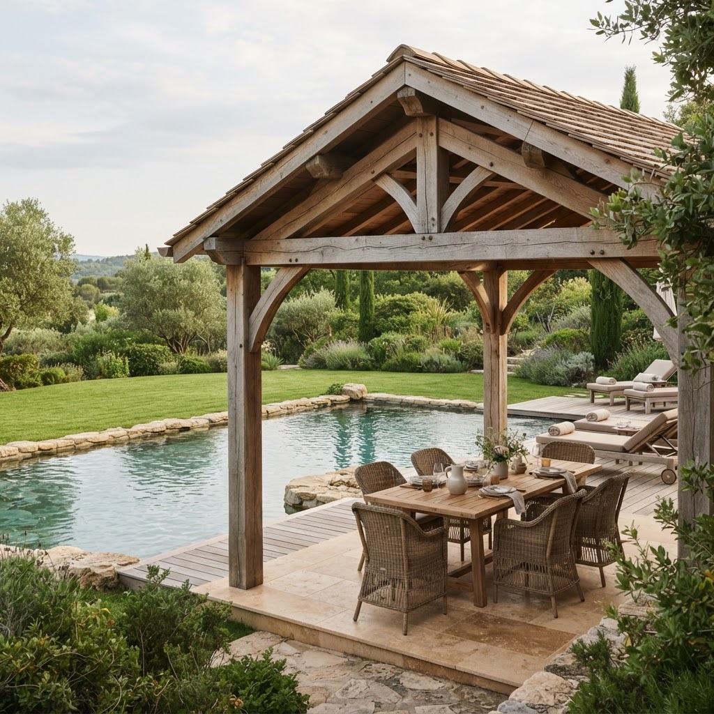 Open sided timber pavilion with an outdoor dining table beside a swimming pool and lawn