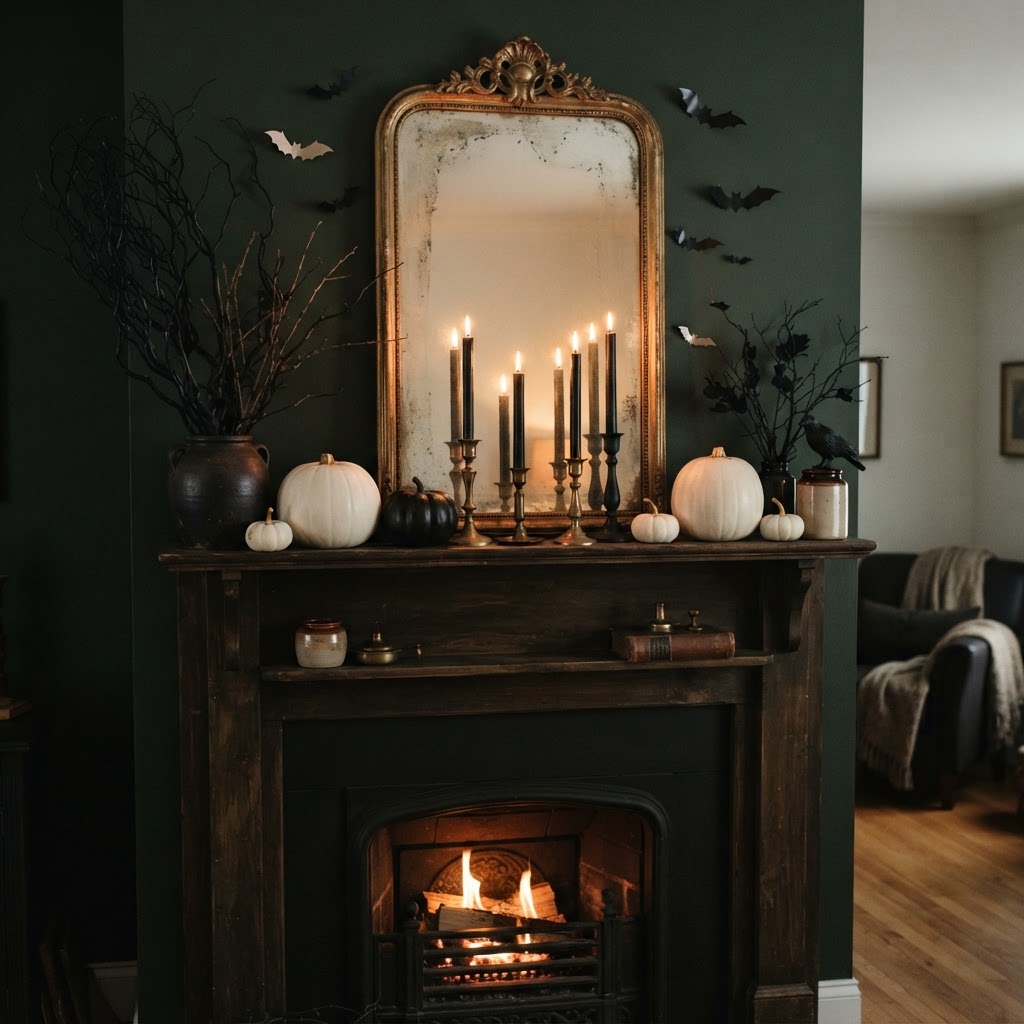 Stylish Halloween mantelpiece with black taper candles in brass holders, white and black pumpkins, dried black branches in a vase, a vintage mirror and paper bats on a dark green wall