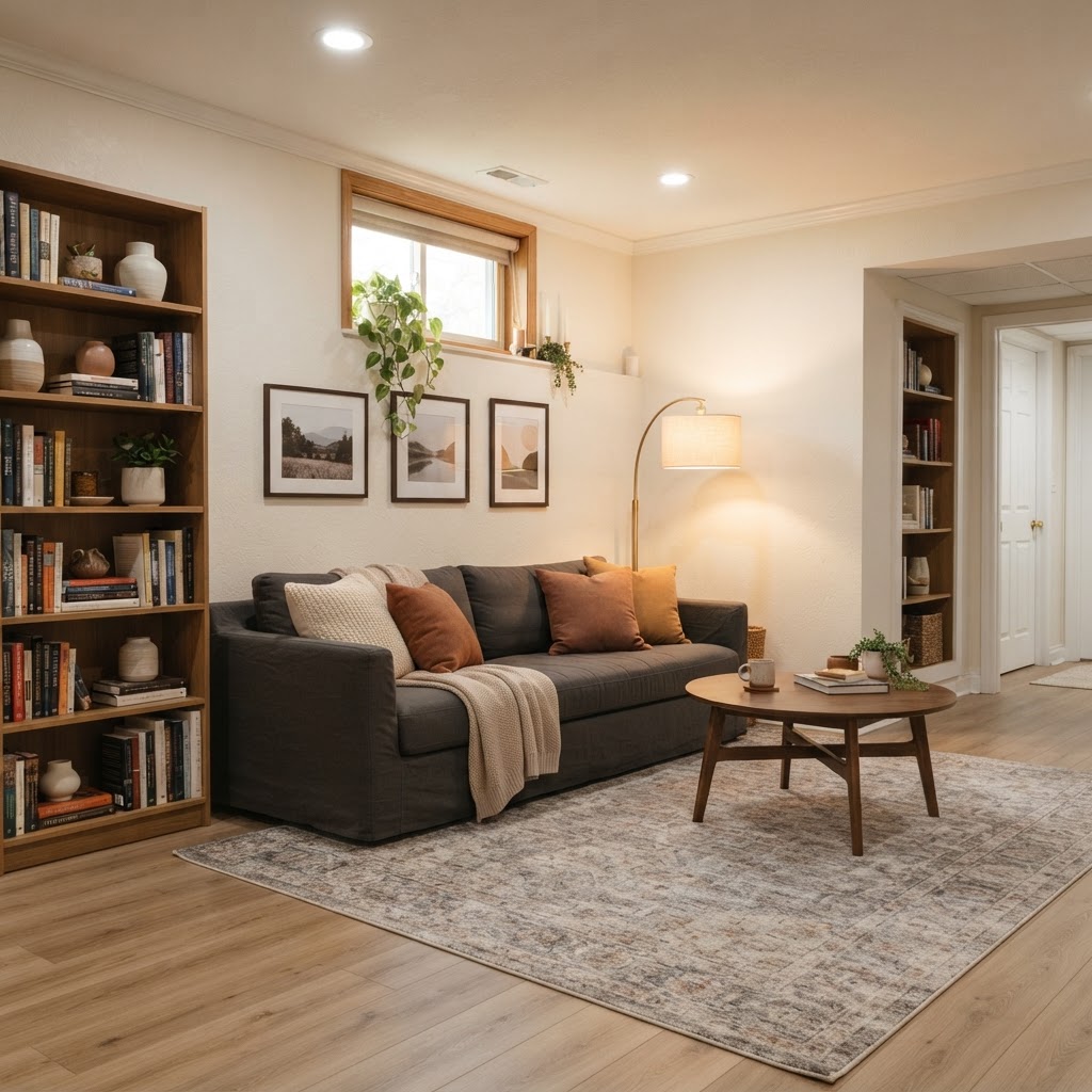 Cosy finished basement den with warm off-white walls, a comfortable sofa with cushions and a throw, a rug, a floor lamp, bookshelves and a small high window