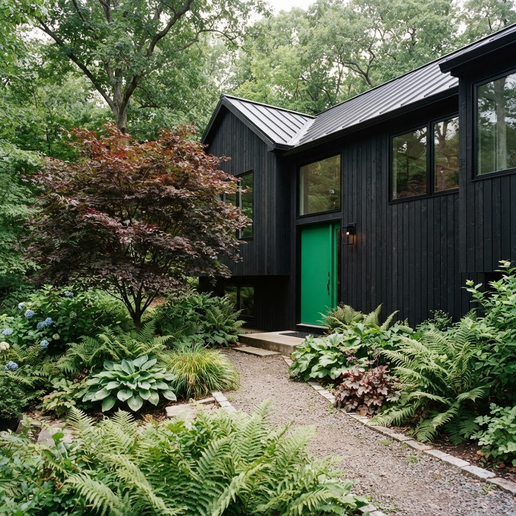 Modern black-painted house with vertical black siding and a bright emerald green front door, surrounded by lush planting of ferns, hostas and a red Japanese maple