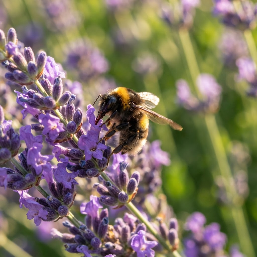 Bumblebee feeding on purple lavender flowers in summer sunshine