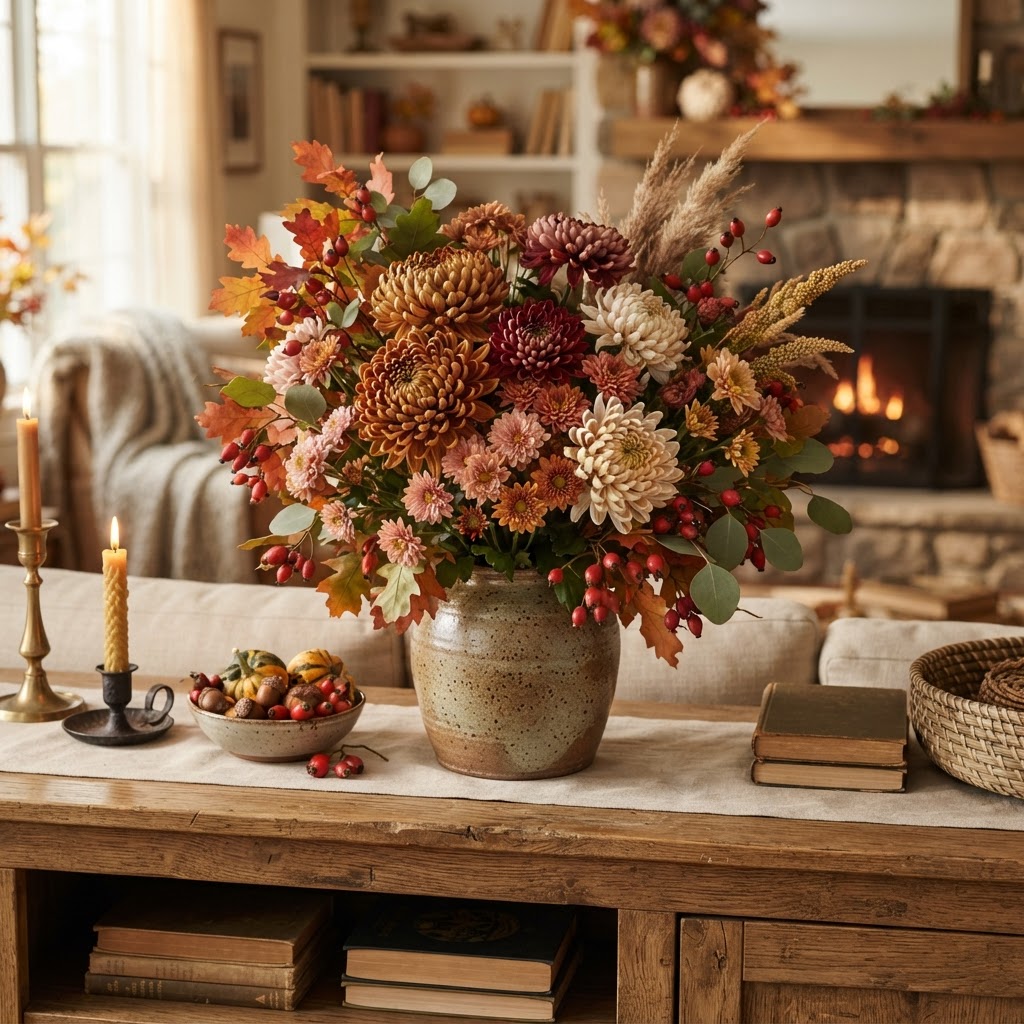 Autumn arrangement of bronze, burgundy, cream and pink chrysanthemums, with spray and large single blooms mixed with autumn leaves and rose hips in a stoneware vase