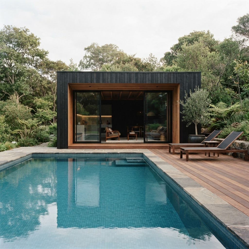 Black timber clad pool house with large glazed doors and warm wood details beside a swimming pool