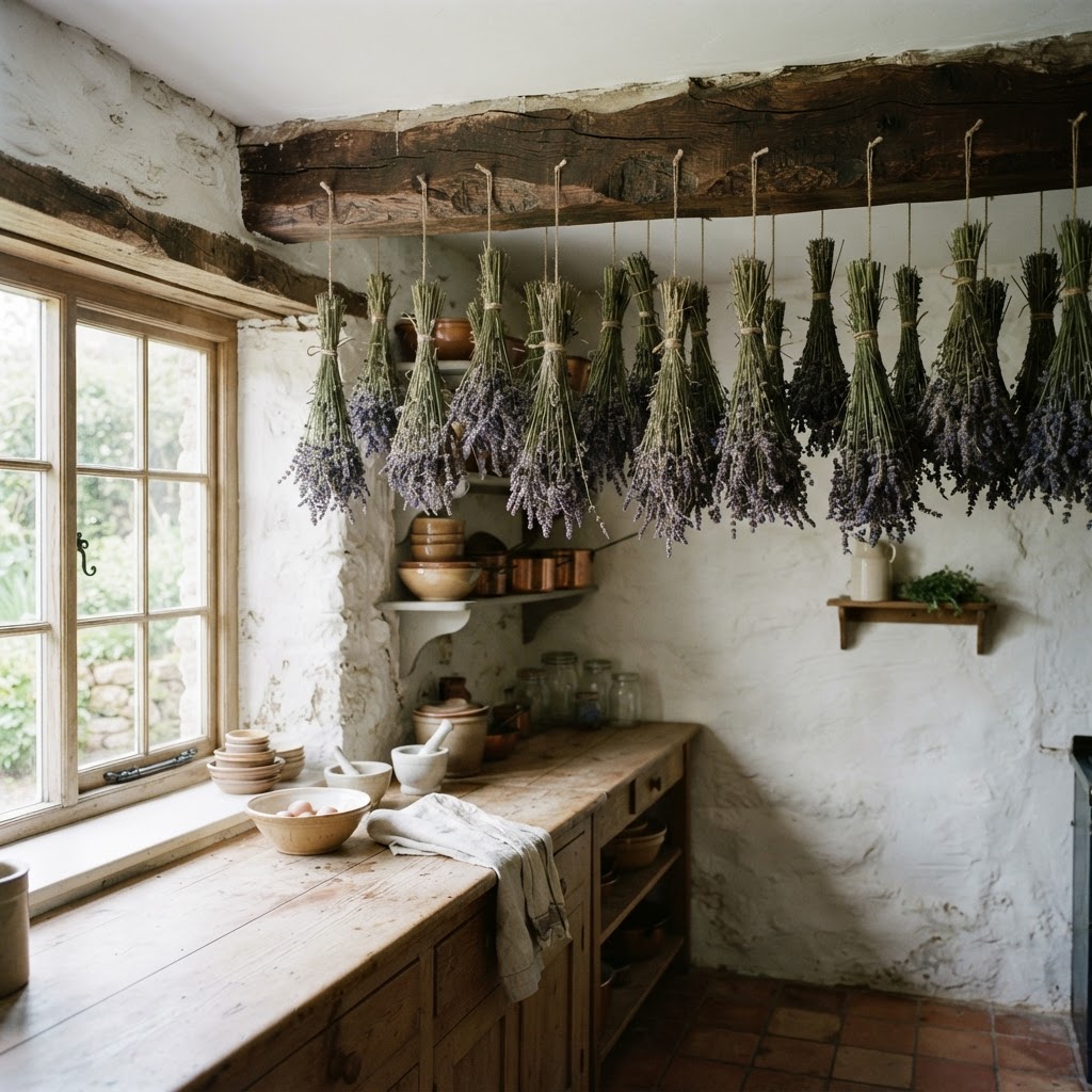 Bunches of dried lavender hanging upside down from a wooden beam in a rustic kitchen