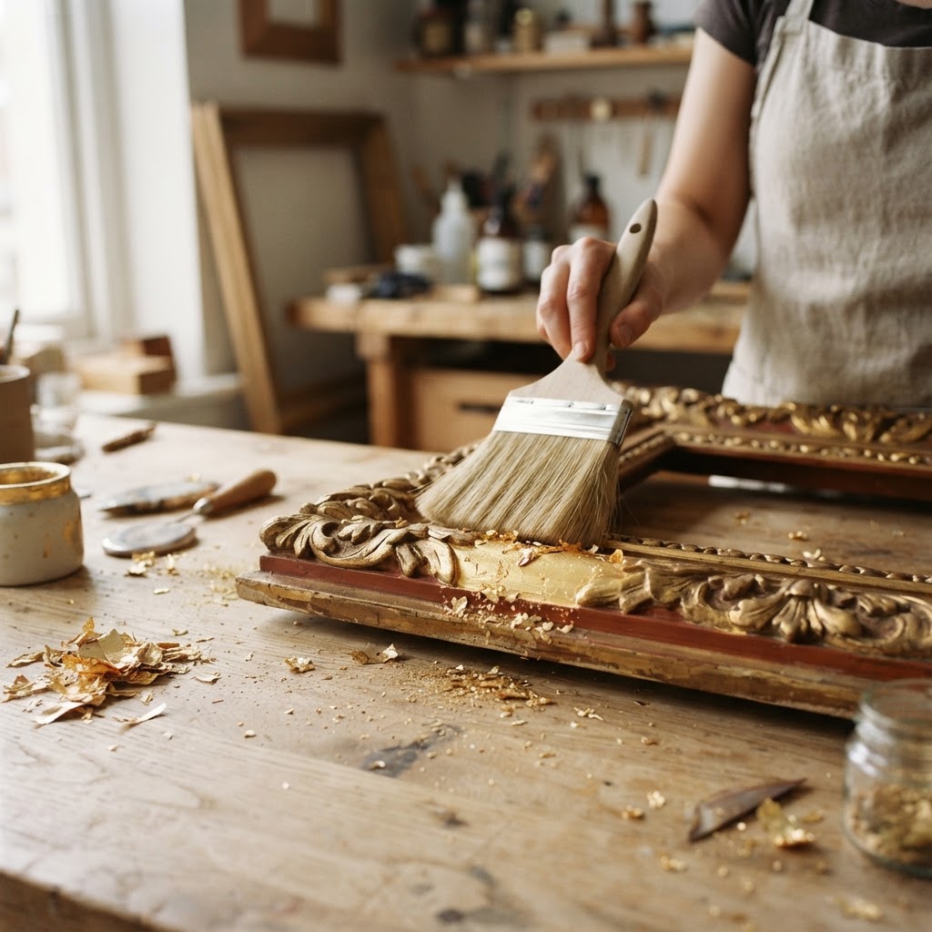 DURING: a soft brush sweeping loose gold flakes off the gilded carved frame, revealing smooth shining gold with hints of the terracotta red base in the recesses and gold fragments scattered on the workbench