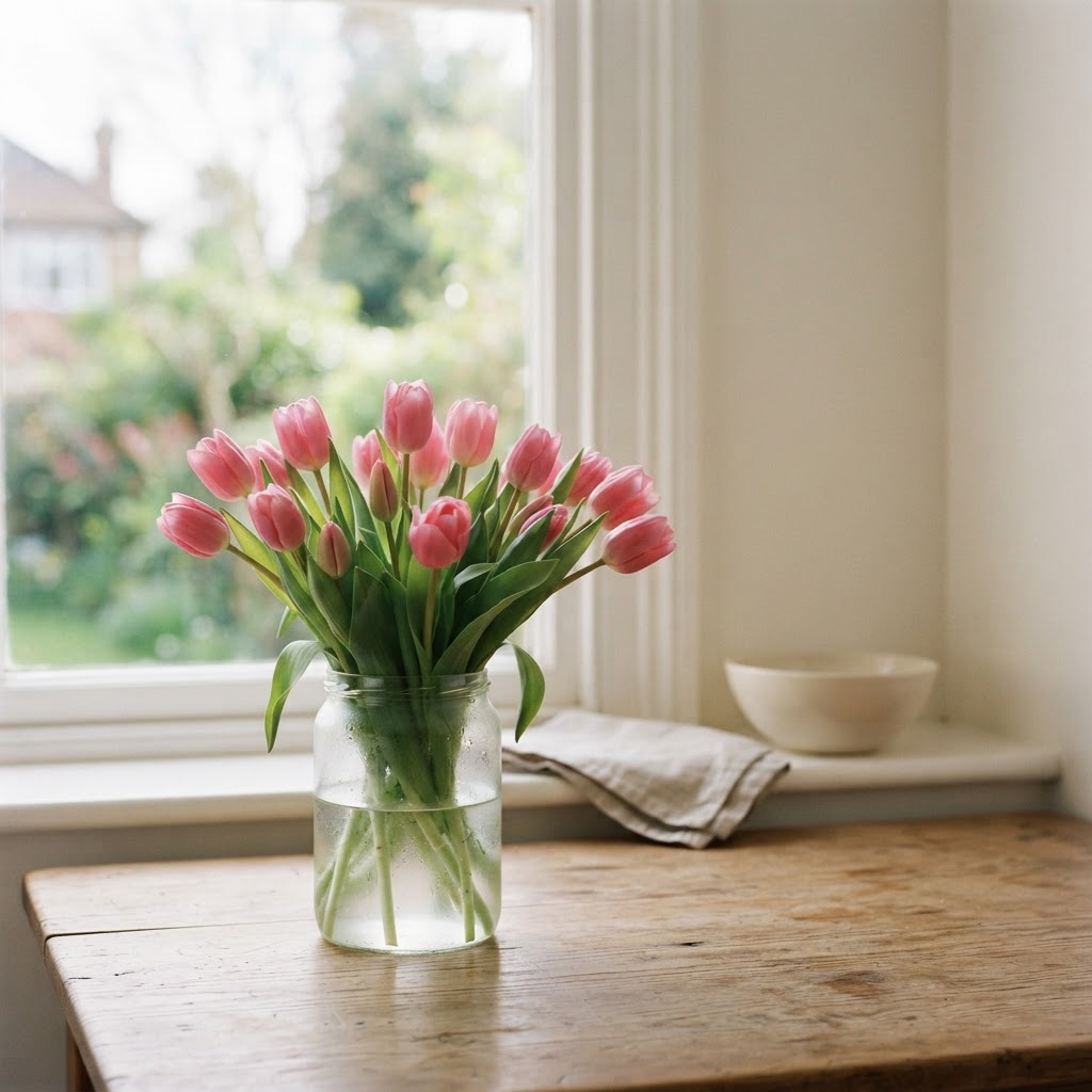 Bunch of pink tulips in a simple clear glass jar on a kitchen table