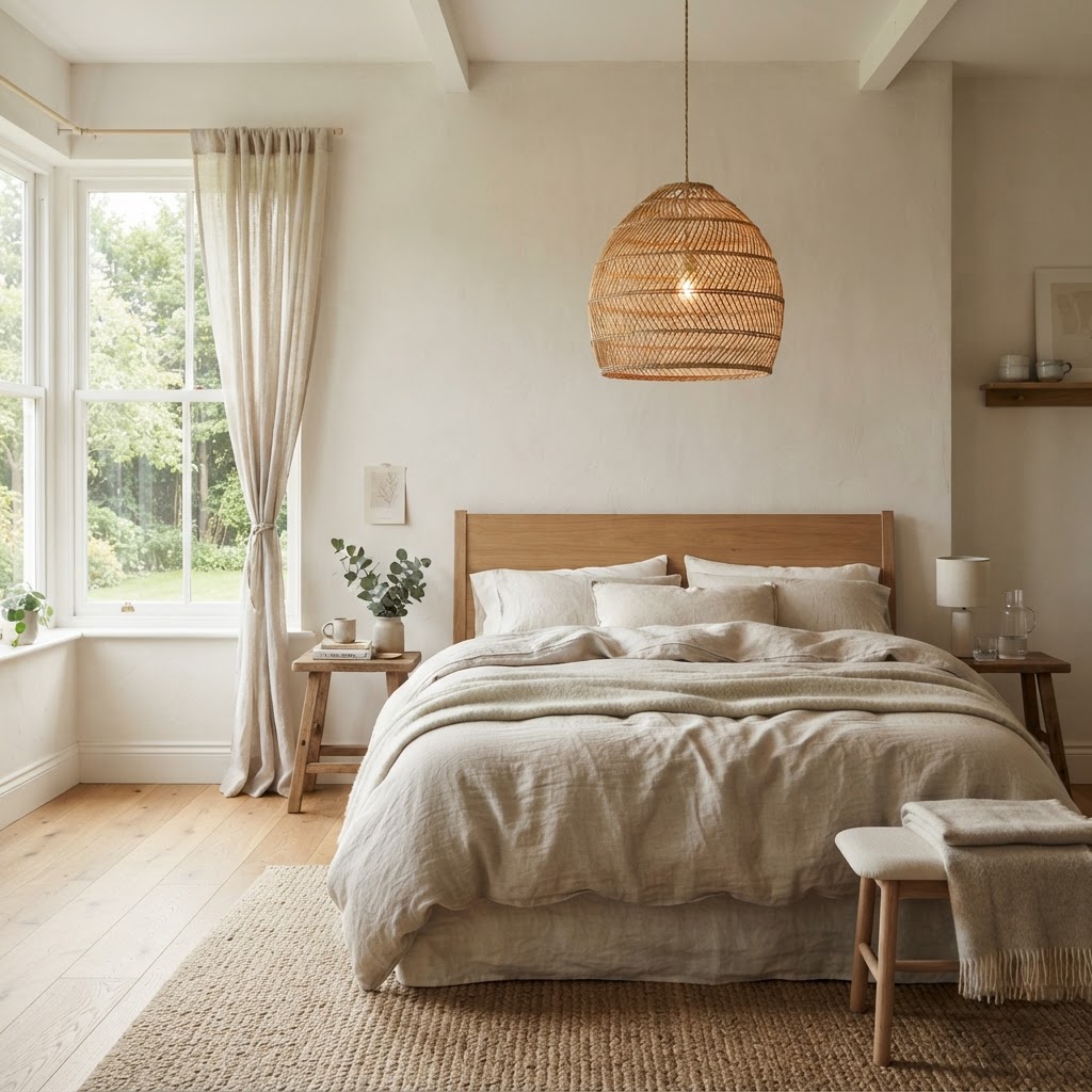 Bedroom with a large woven rattan pendant light above a bed dressed in linen with a warm, relaxed natural feel