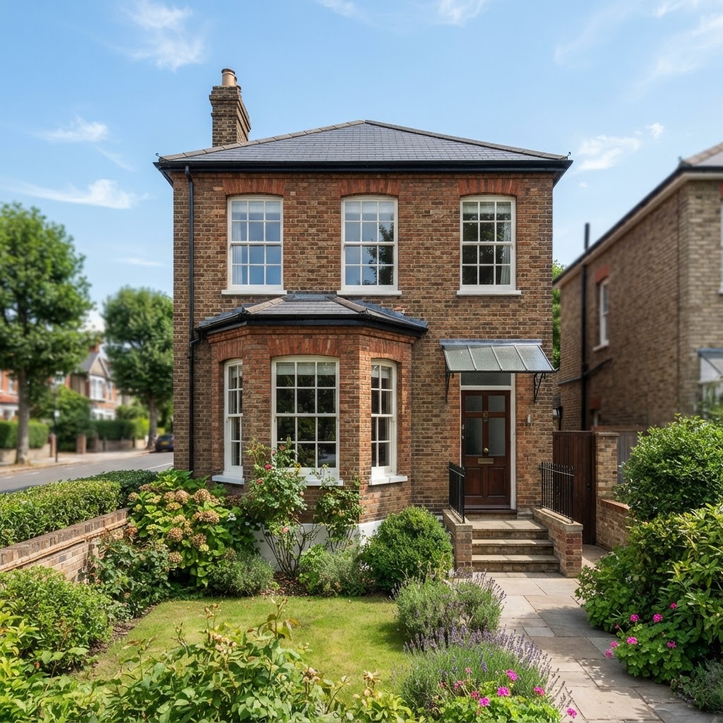Brick house with a three-sided angled bay window on the ground floor