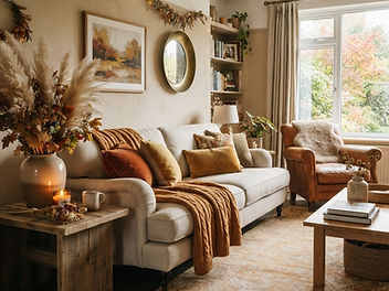 Warm autumnal living room with rust and ochre cushions, a leather armchair, pampas grass, candles and a garland of autumn leaves