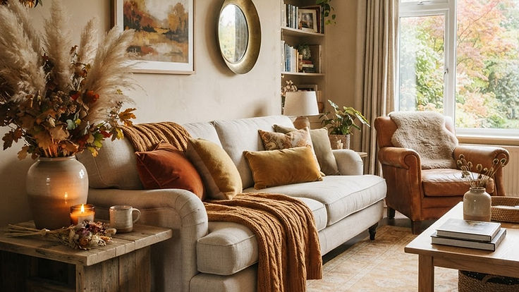 Warm autumnal living room with rust and ochre cushions, a leather armchair, pampas grass, candles and a garland of autumn leaves