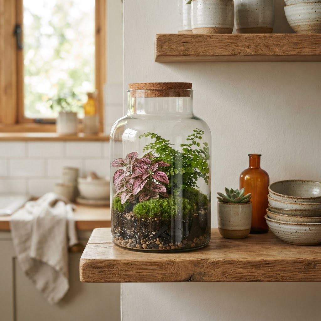 Closed jar terrarium with a pink polka dot plant, a small fern and moss on a kitchen shelf