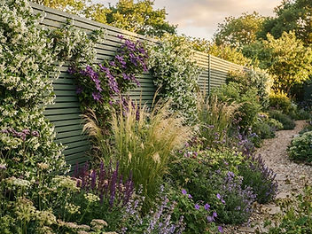 Budget horizontal slatted garden fence painted sage green, covered in white jasmine and purple clematis, with ornamental grasses, salvia and lavender along a gravel path at sunset