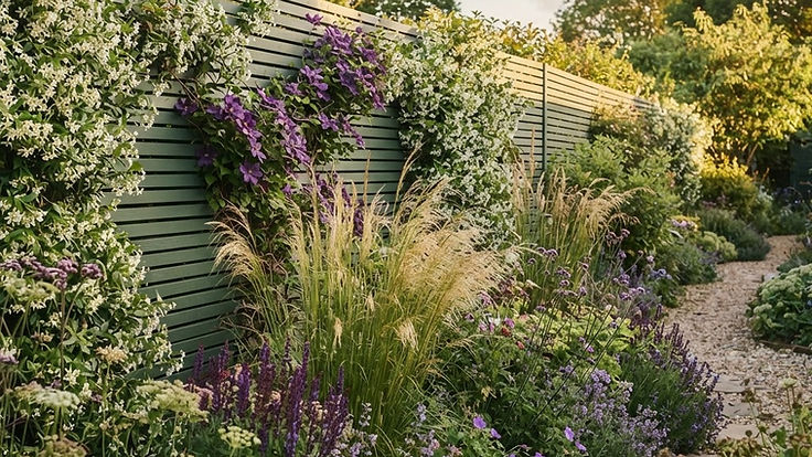 Budget horizontal slatted garden fence painted sage green, covered in white jasmine and purple clematis, with ornamental grasses, salvia and lavender along a gravel path at sunset