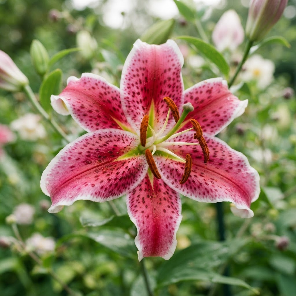 Close-up of pink stargazer lilies with dark pink speckles and white edges