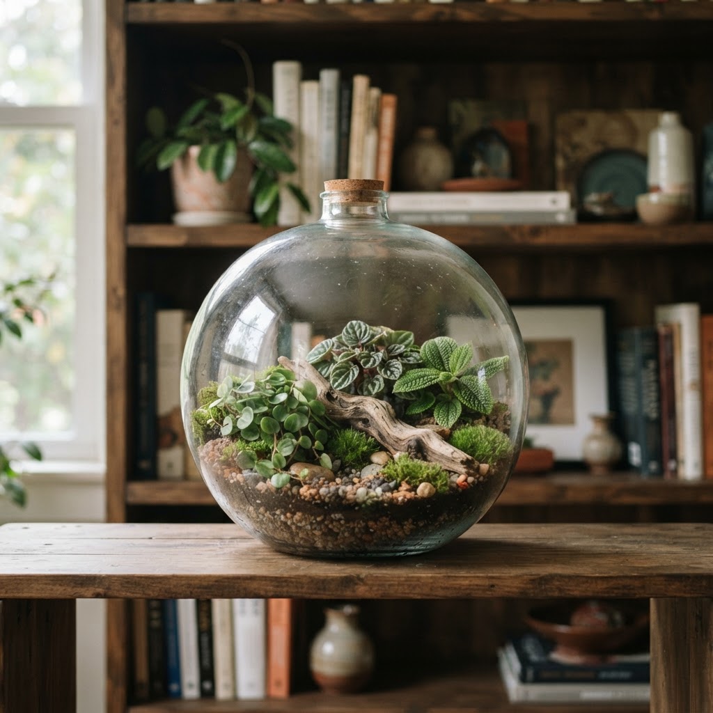 Round glass globe terrarium with small peperomia and pilea plants, moss and driftwood on a bookshelf