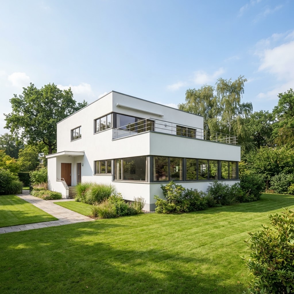 White 1920s modernist house with a flat roof, horizontal ribbon windows and a roof terrace
