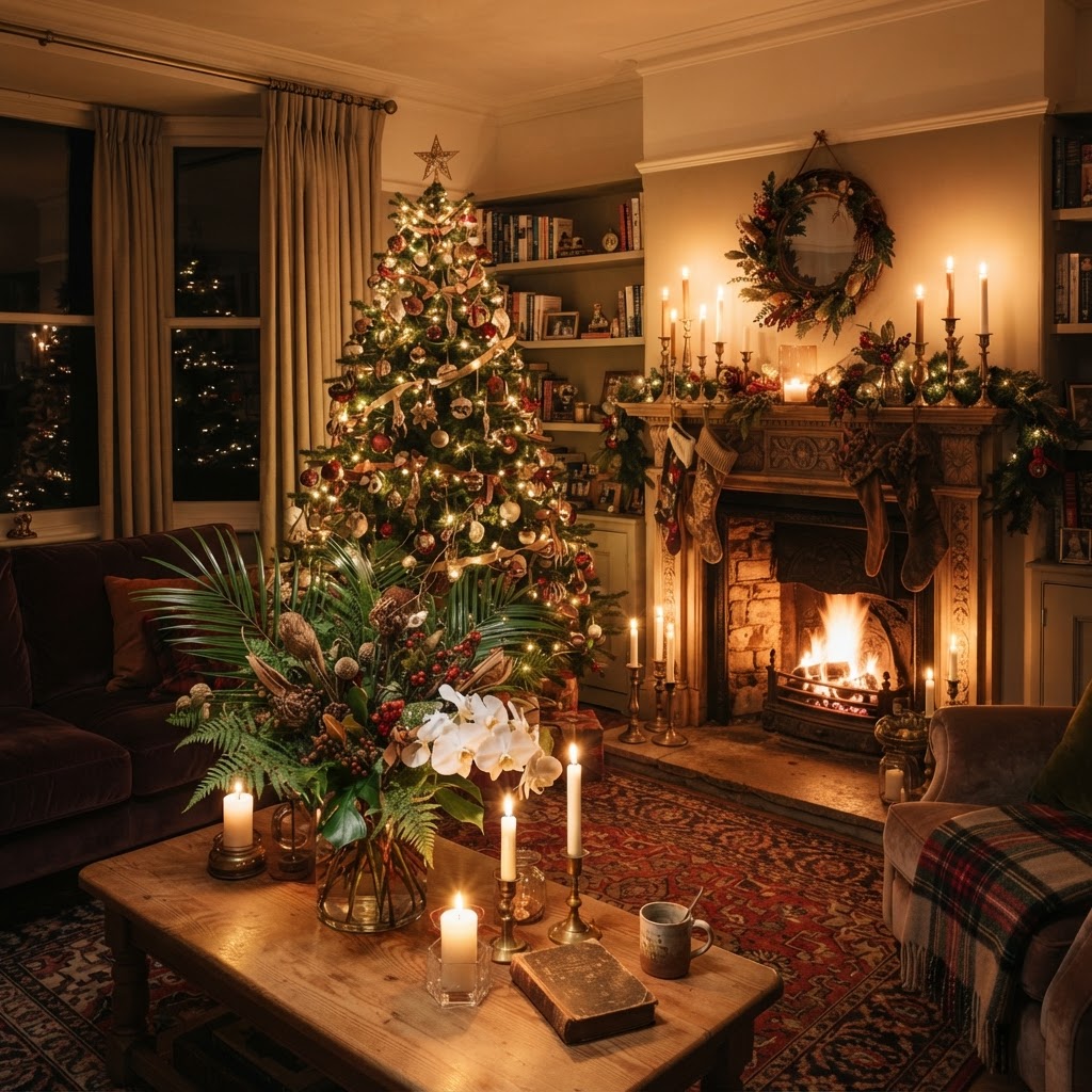 Cosy British living room at Christmas with a decorated tree, palm leaves in a vase, orchids and candlelight