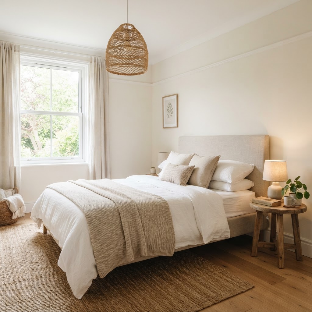 Serene bedroom with soft creamy white walls, a linen upholstered bed with white and oatmeal bedding, a rattan pendant light and a wooden bedside table
