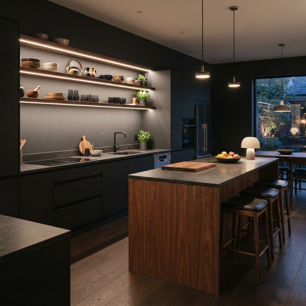 A dramatic black matt true handleless kitchen with slim recessed channels, a dark stone worktop, a walnut-clad island with bar stools and walnut open shelving with warm LED lighting